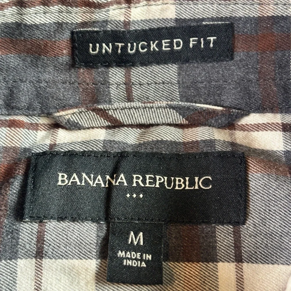 Banana Republic Mens Gray Brown Plaid Untucked Fit Button Down Shirt Medium
